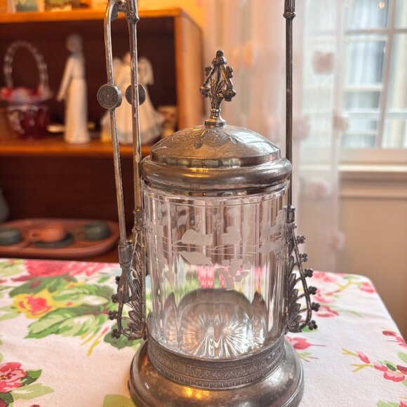 E.G. Webster Antique Triple Plate Victorian Etched Pickle Castor Jar with Tongs - Picture 2 of 15